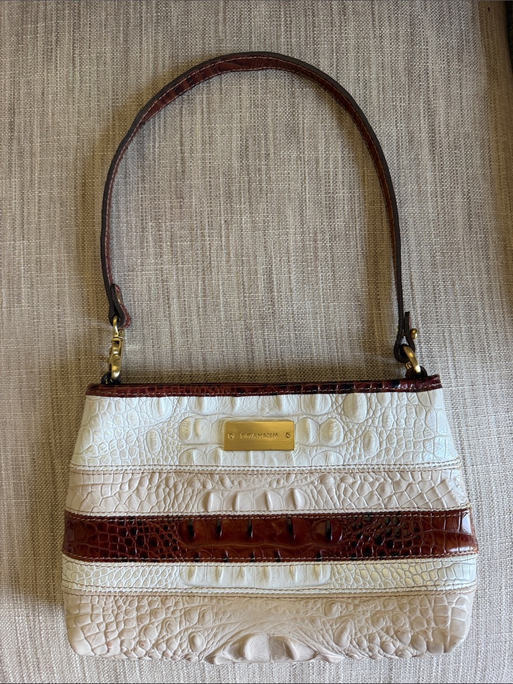 Brahmin White and Brown Croc-Embossed Shoulder Bag